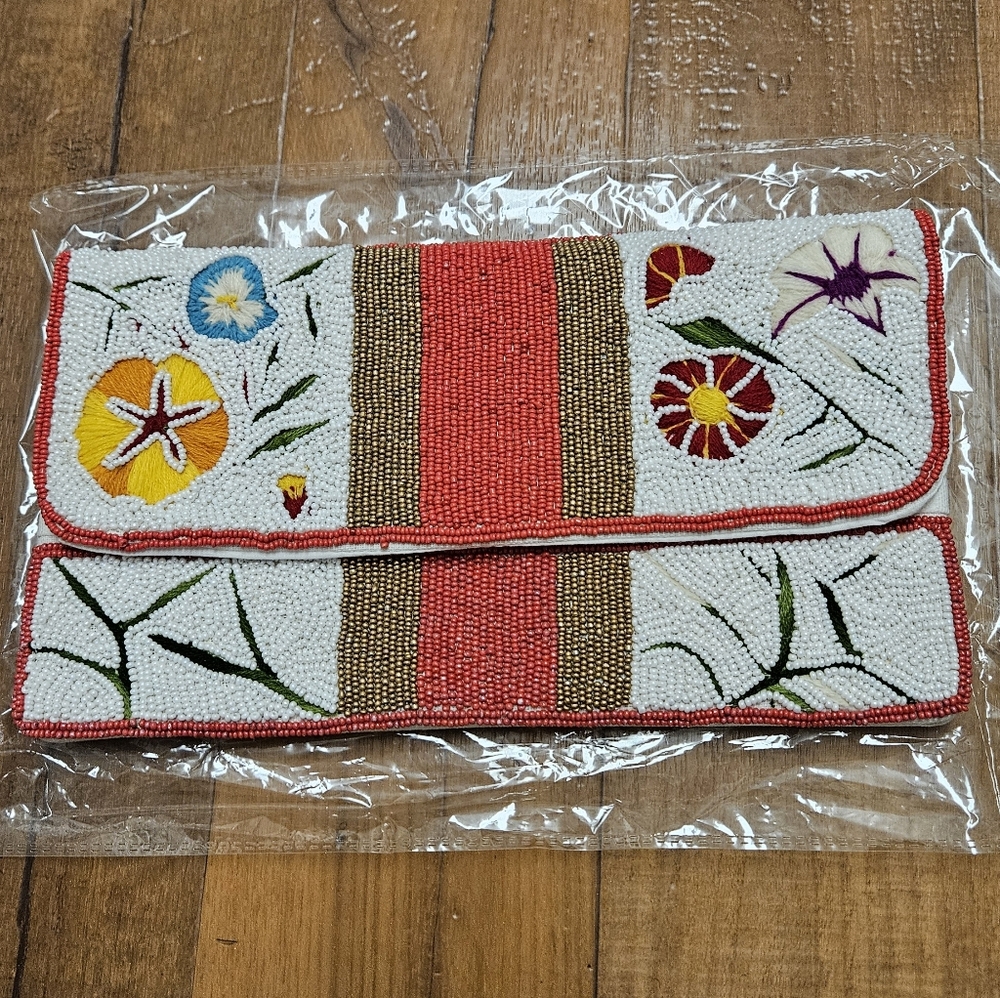 Embroidered Floral Clutch - Red and White